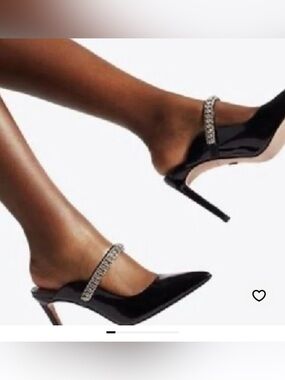 Kurt Geiger Black Patent Pointed-Toe Mules with Crystal Strap